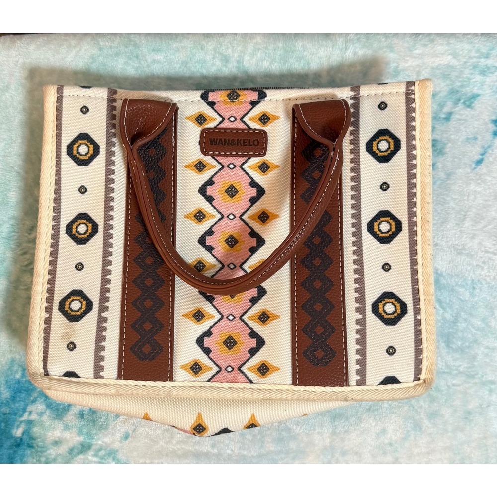 WAN&KELO Womens Southwestern Geometric Canvas Tote Bag Brown Faux Leather Trim